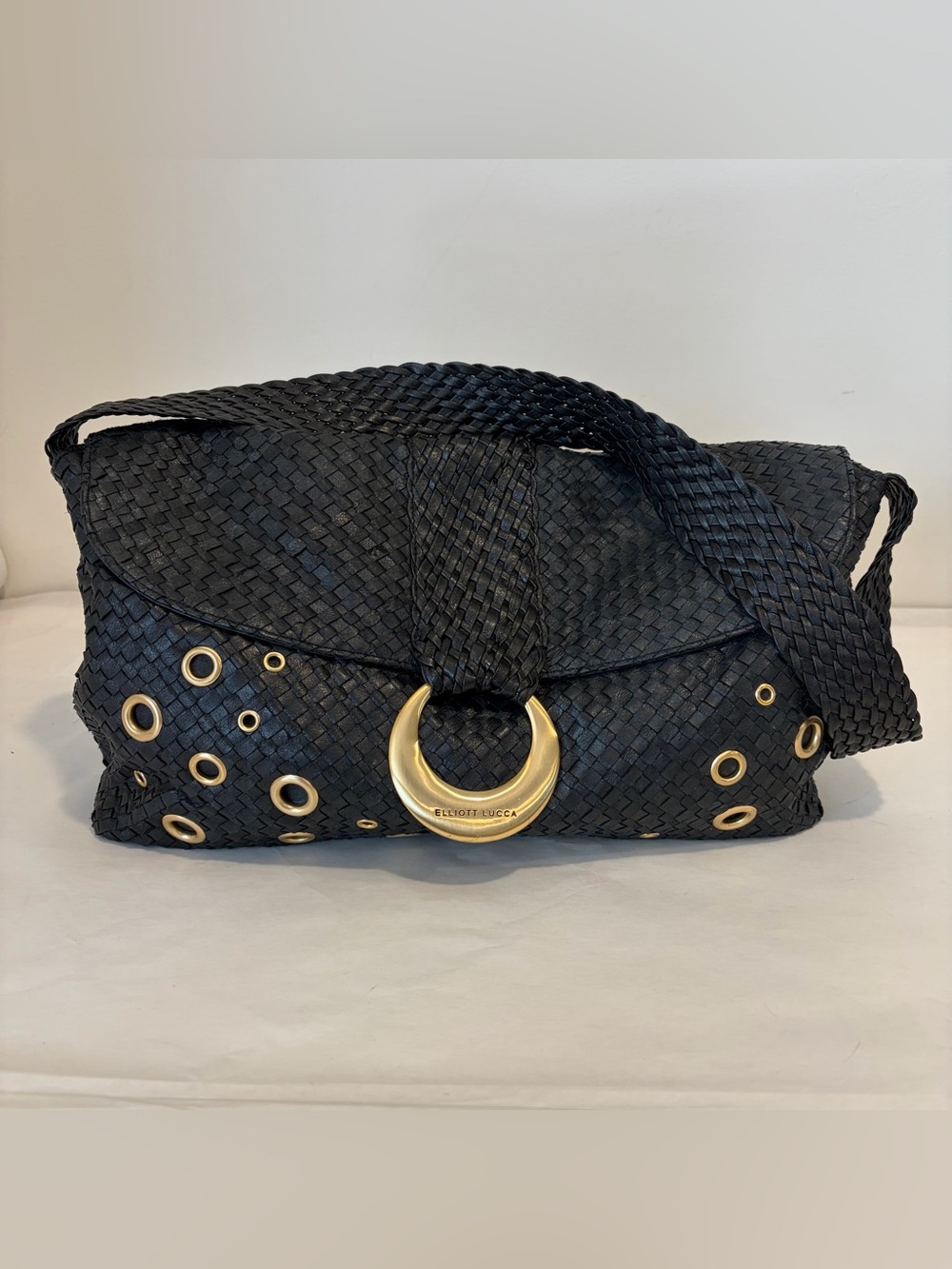 Elliott Lucca Black Woven Leather Shoulder Bag Grommet Crescent Buckle Slouchy